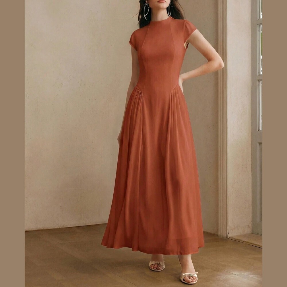 Rust Orange Stand Collar Cap Sleeve Fit and Flare Gathered Waist Maxi Dress